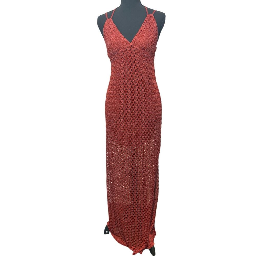 Forever 21 Womens S Rust Crochet Maxi Dress Open Back Tie Boho Festival